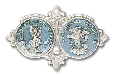 Blue St. Christopher & St. Michael Visor Clip - Silver Finish (1034EV)