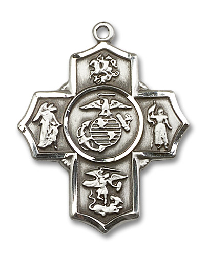 Large Marines 5-Way Medal - Sterling Silver 1 1/4" x 1" Pendant (5790SS4)