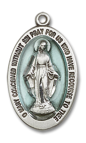 Blue Miraculous Medal - Sterling Silver Oval Pendant (2 Sizes)