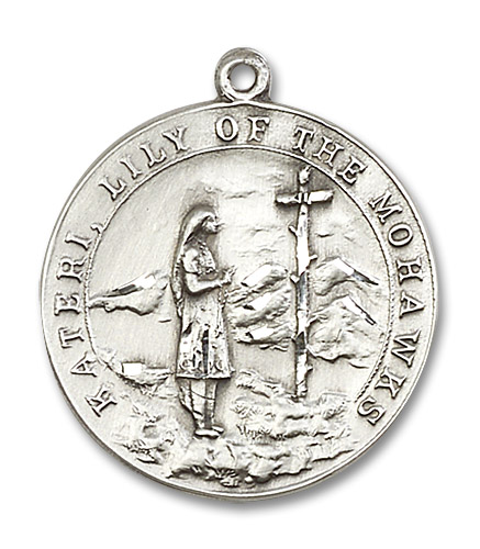 St. Kateri Lily of the Mohawks Medal - Sterling Silver Round Pendant (2 Sizes)