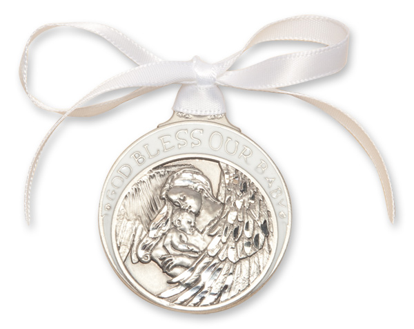 Pewter Baby With Angel Crib Medal With White Ribbon - Pendant (4300WPW)