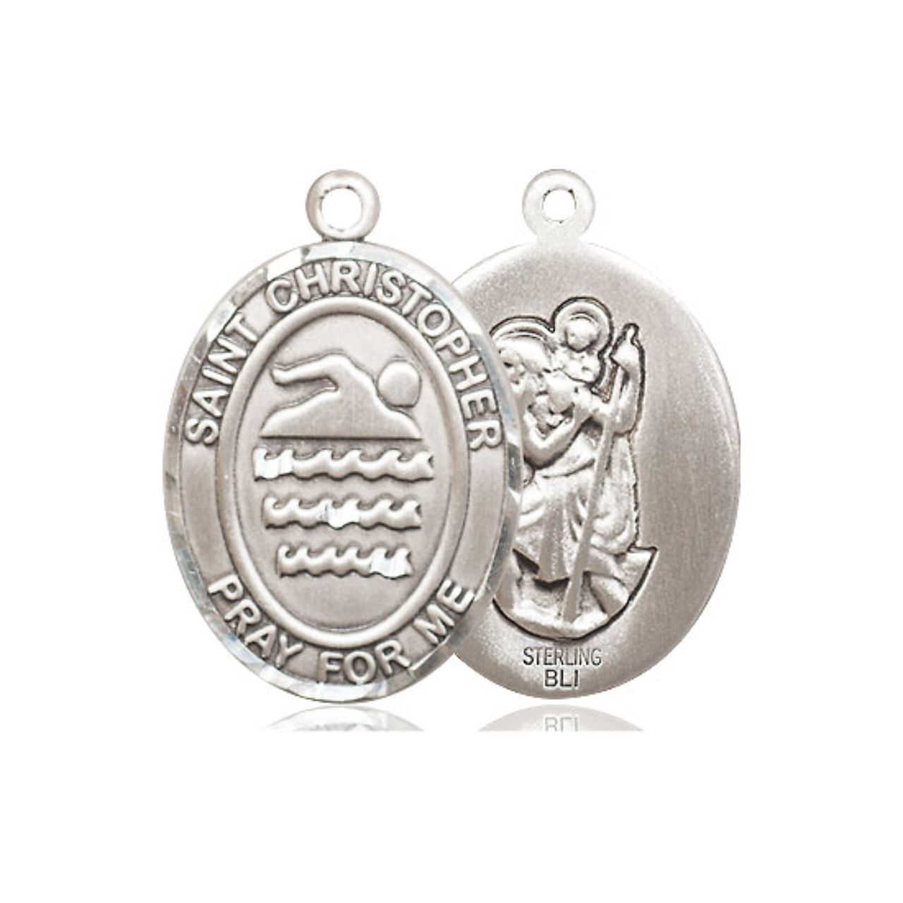 St. Christopher Swimming Medal - Sterling Silver Oval Pendant (3 Sizes)