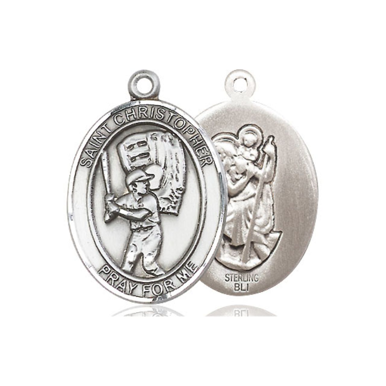 St. Christopher Baseball Medal - Sterling Silver Oval Pendant (2 Sizes)
