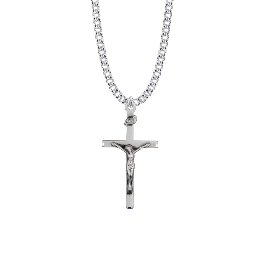 Straight Mens Crucifix Necklace - Sterling Silver Pendant On 24" Stainless Steel Chain (SX7843SH)