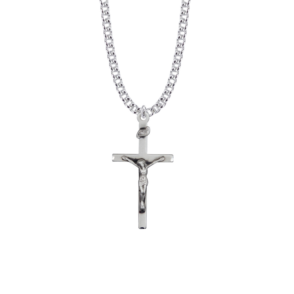 Straight Mens Crucifix Necklace - Sterling Silver Pendant On 24
