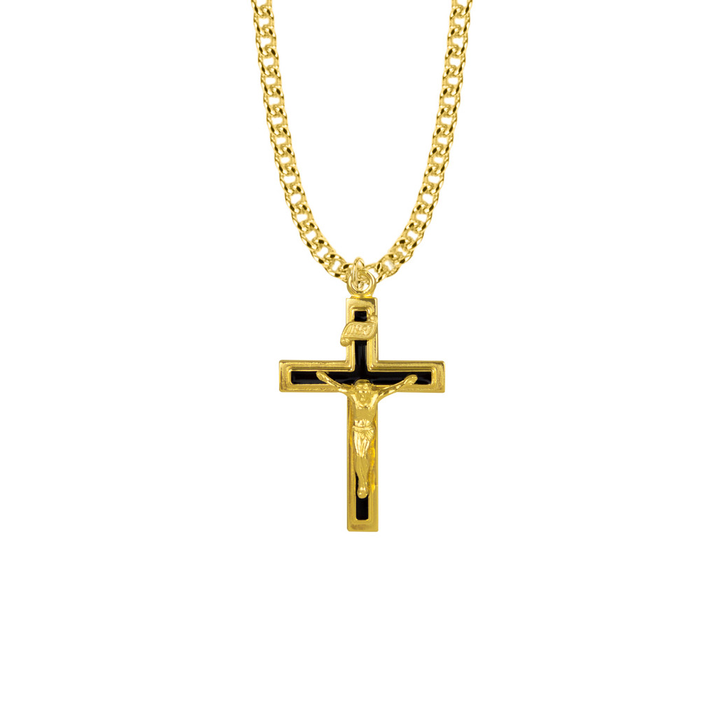 Men's Black Enamel Crucifix Necklace - 14KT Gold Over Sterling Silver Pendant On 24" Gold Plated Cha