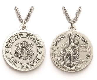 Large St. Michael Air Force Necklace - Sterling Silver Round Medal On 24" Stainless Chain (SM8250SH)