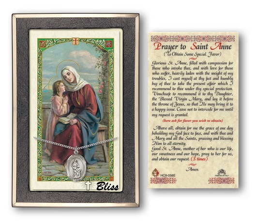 St. Anne Medal With Prayer Card - Sterling Silver 3/4" x 1/2" Oval Pendant (PC8374SS)